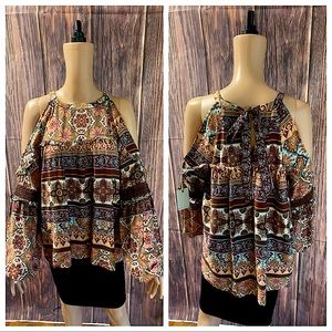 Miss Me Size small NWT tan brown green purple pink boho flowy peasant blouse